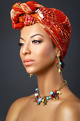 Image showing beautiful mulatto young woman with turban on head