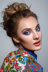 Image showing beautiful girl with bright makeup in russian shawl