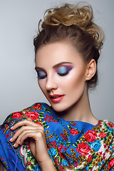 Image showing beautiful girl with bright makeup in russian shawl