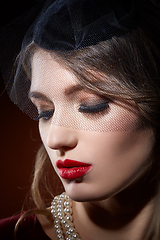 Image showing beautiful girl with pearl necklace and veil hat