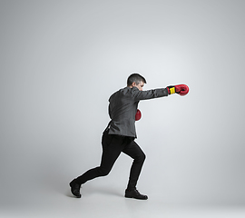 Image showing Caucasian man in office clothes boxing isolated on grey studio background