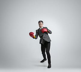 Image showing Caucasian man in office clothes boxing isolated on grey studio background