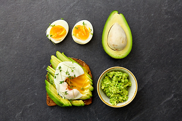 Image showing toast bread with avocado, pouched egg and greens