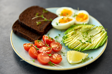 Image showing avocado, eggs, toast bread and cherry tomato