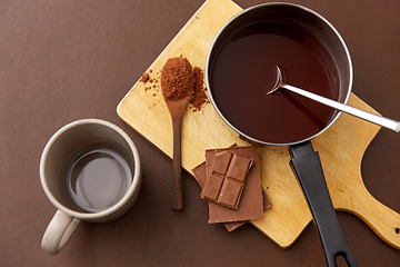 Image showing pot with hot chocolate, mug and cocoa powder