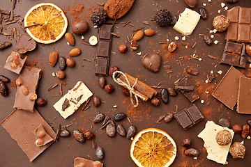 Image showing cocoa beans, chocolate, nuts and cinnamon sticks