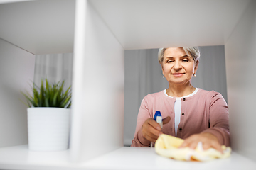 Image showing happy senior woman with cloth dusting rack at home