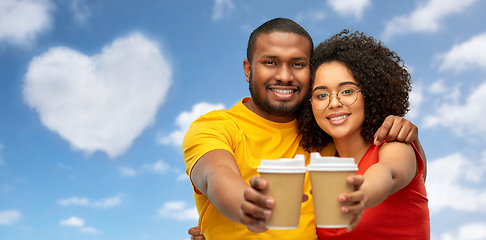 Image showing happy african american couple with coffee cups