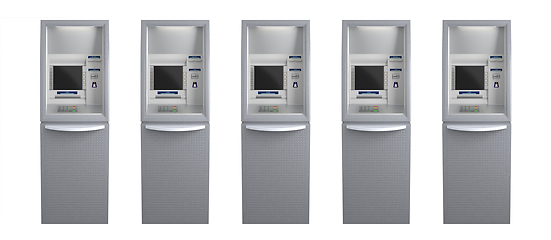 Image showing Line of five atm machines isolated on white