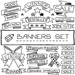 Image showing Doodle set of banners hand drawn with black line