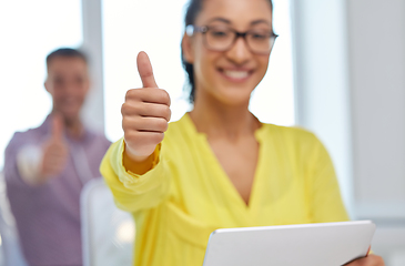 Image showing happy young woman with tablet pc showing thumbs up