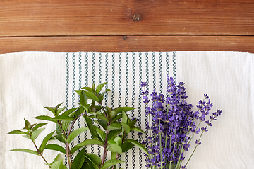 Image showing greens, spices or medicinal herbs on towel