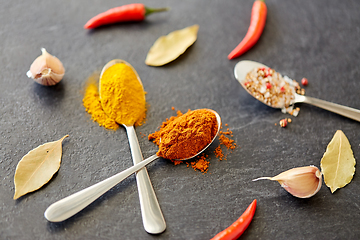 Image showing spices, chili pepper, bay leaf and garlic on stone