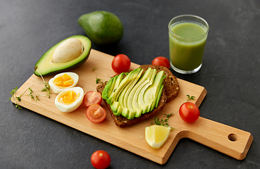 Image showing toast bread with avocado, eggs and cherry tomatoes