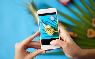 Image showing hands taking photo of exotic fruits on smartphone