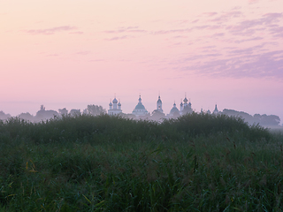 Image showing Distant View of the Top of an Orthodox Monastery in a Misty Morn