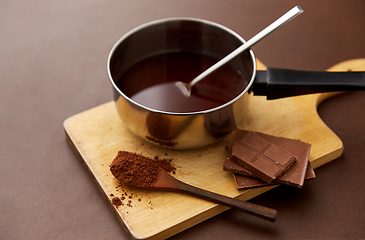 Image showing pot with melted hot chocolate and cocoa powder