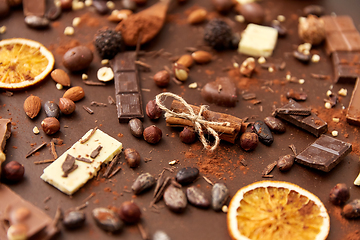 Image showing cocoa beans, chocolate, nuts and cinnamon sticks