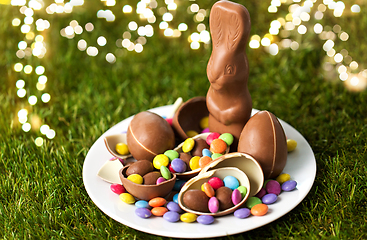 Image showing chocolate bunny, eggs and candy drops on plate