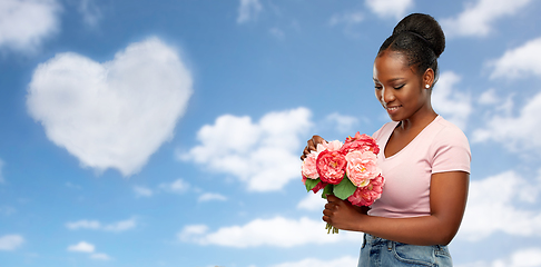 Image showing happy african american woman with bunch of flowers