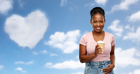 Image showing happy african american woman drinking coffee