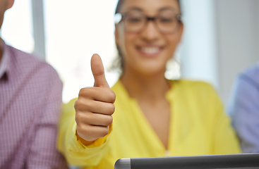 Image showing happy young woman with tablet pc showing thumbs up