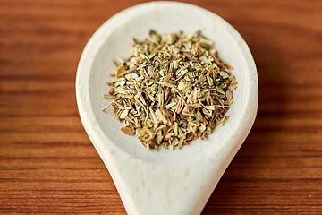 Image showing close up of dry spices on wooden spoon