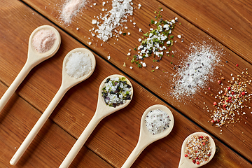 Image showing spoons with salt and spices on wooden table