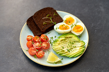 Image showing avocado, eggs, toast bread and cherry tomato