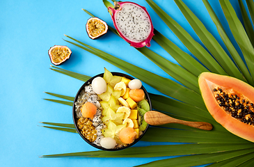 Image showing mix of exotic fruits in bowl with wooden spoon