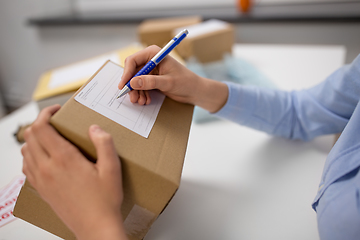 Image showing close up of woman filling postal form at office