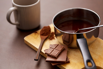 Image showing pot with hot chocolate, mug and cocoa powder