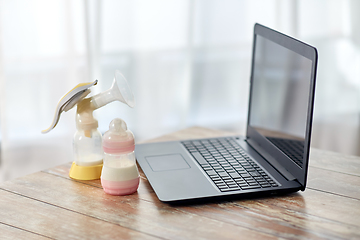 Image showing baby milk formula, breast pump and laptop