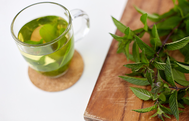 Image showing herbal tea with fresh peppermint on wooden board