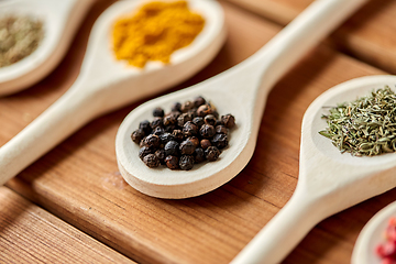 Image showing spoons with different spices on wooden table