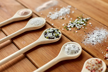 Image showing spoons with salt and spices on wooden table