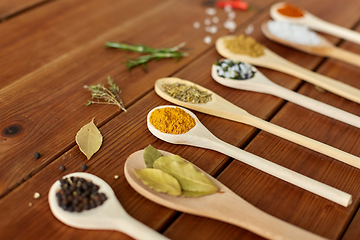 Image showing spoons with spices and salt on wooden table
