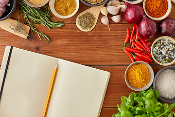 Image showing notebook with pencil among spices on wooden table