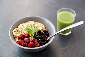 Image showing cereal breakfast with berries, banana and spoon