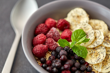 Image showing cereal breakfast with berries, banana and mint