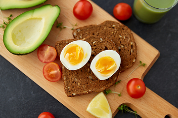 Image showing toast bread with eggs, cherry tomatoes and avocado