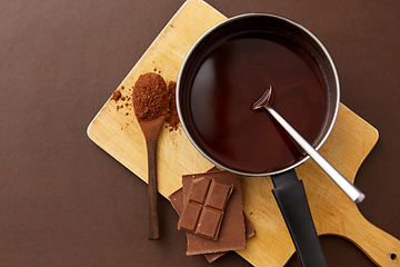 Image showing pot with melted hot chocolate and cocoa powder