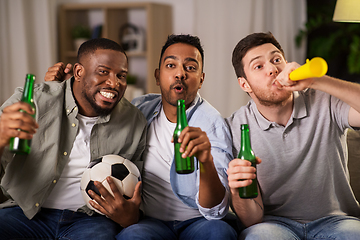 Image showing friends or soccer fans with ball and beer at home