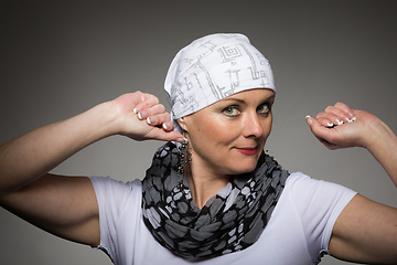 Image showing beautiful woman cancer patient wearing headscarf