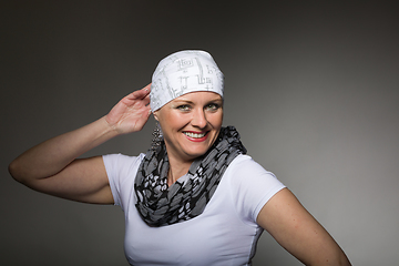 Image showing beautiful woman cancer patient wearing headscarf