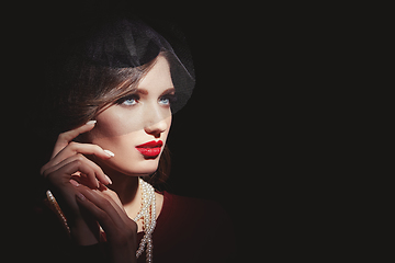 Image showing beautiful girl with pearl necklace and veil hat