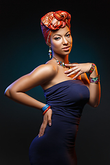 Image showing beautiful mulatto young woman with turban on head