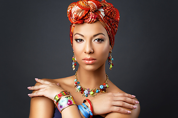 Image showing beautiful mulatto young woman with turban on head