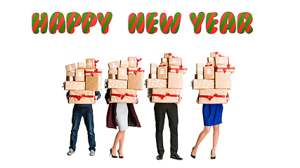 Image showing People holding giftboxes on white background, happy New Year and Merry Christmas