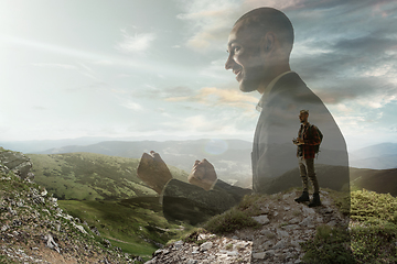 Image showing Silhouette of businessman with landscapes on background, double exposure.